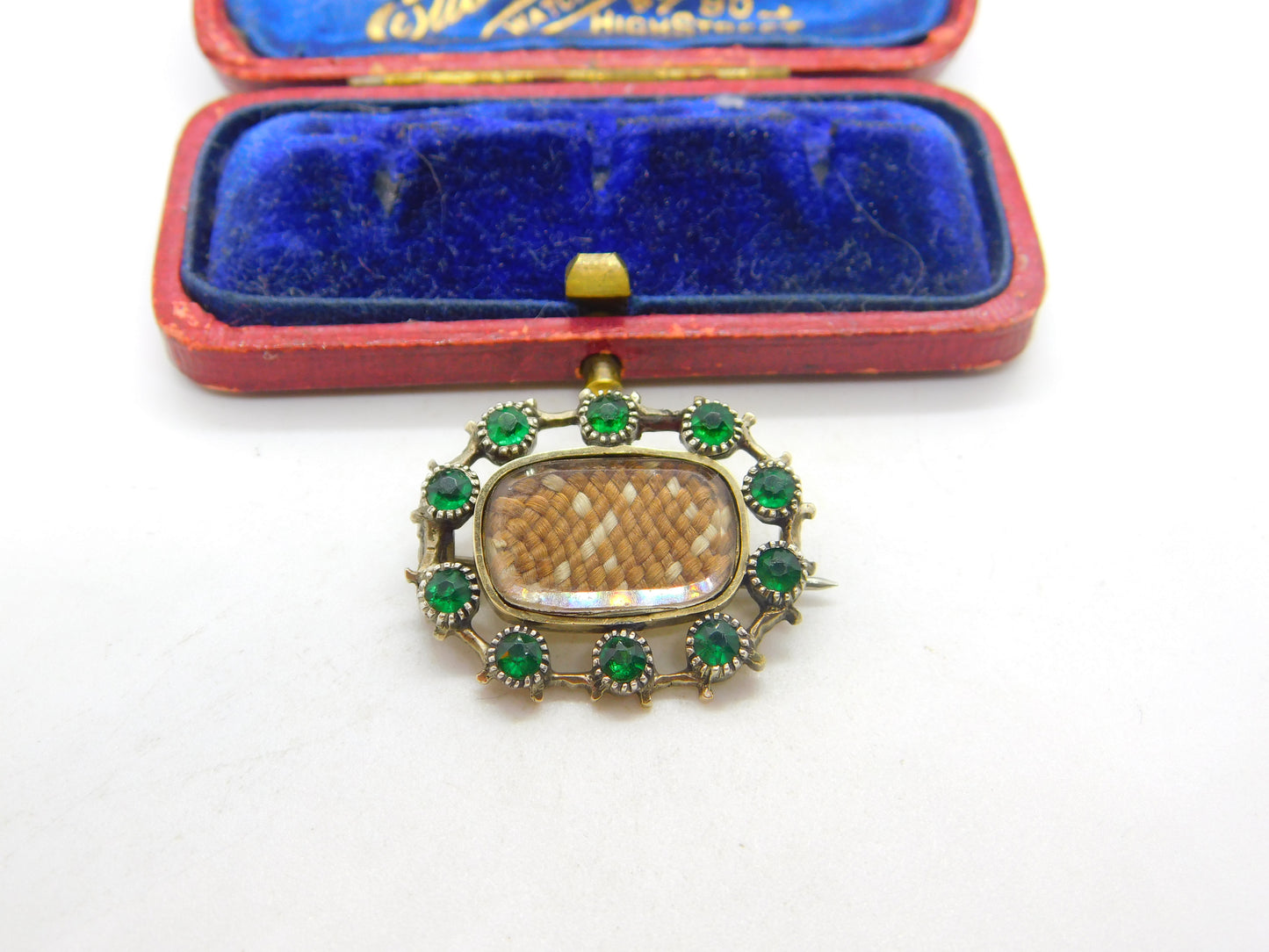 Georgian 9ct Gold Mourning Brooch with Hair Weave & Emerald Paste c1810 Antique