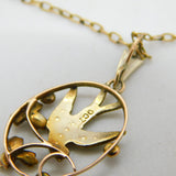 Victorian 9ct Gold, Seed Pearl & Turquoise Swallow Pendant Necklace Antique 1890