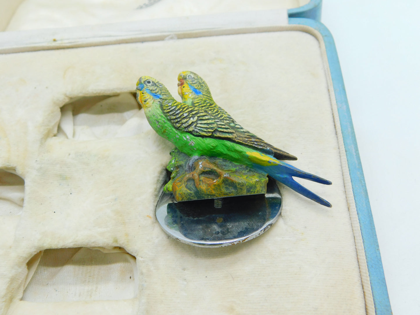 Boxed Asprey & Co Cold Painted Spelter, Onyx & Chrome Budgie Place Settings Antique c1920