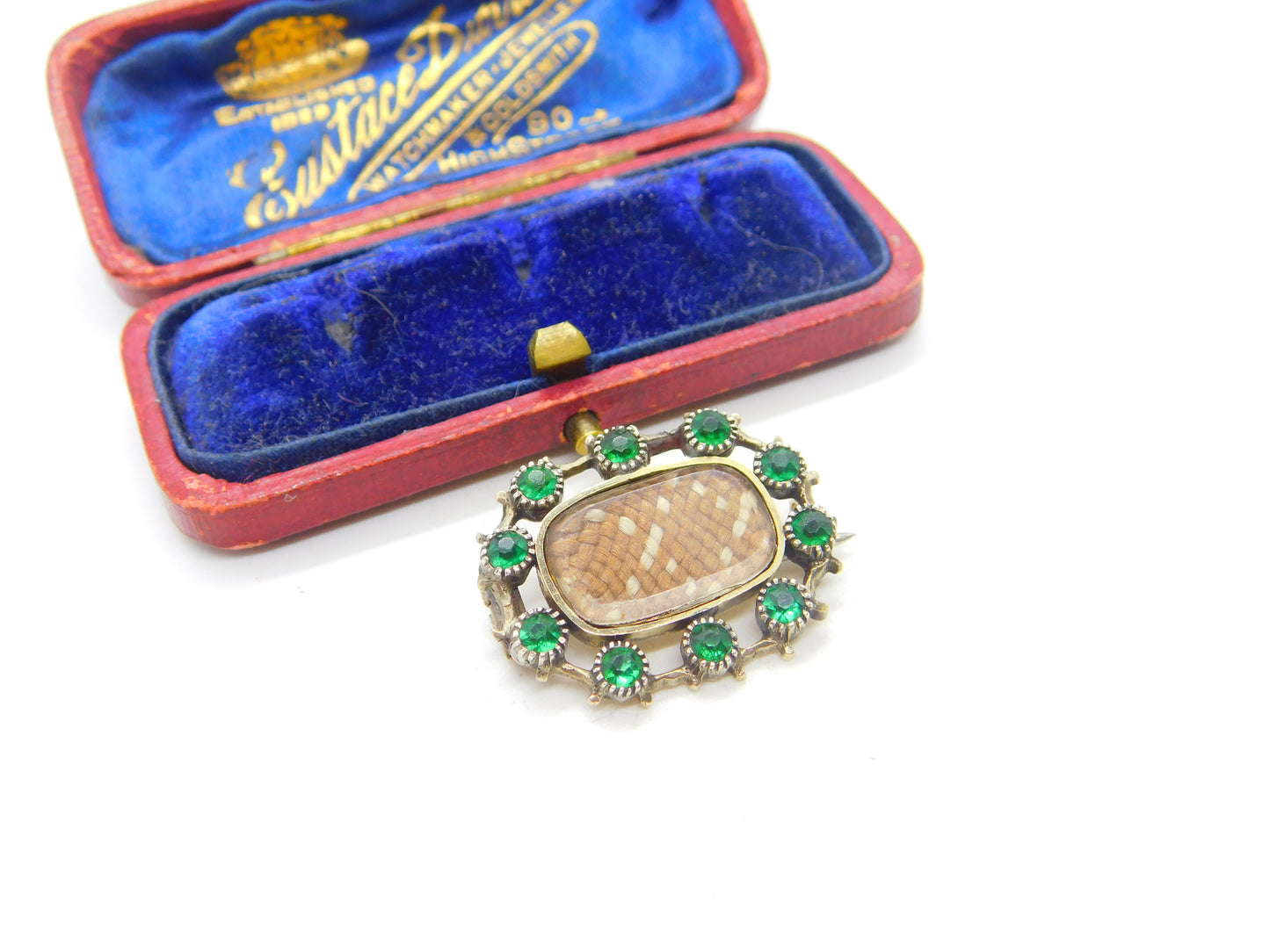 Georgian 9ct Gold Mourning Brooch with Hair Weave & Emerald Paste c1810 Antique