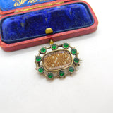 Georgian 9ct Gold Mourning Brooch with Hair Weave & Emerald Paste c1810 Antique