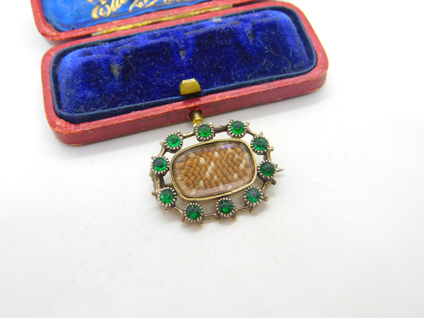 Georgian 9ct Gold Mourning Brooch with Hair Weave & Emerald Paste c1810 Antique