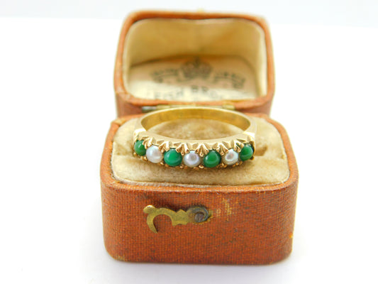 14ct Yellow Gold, Turquoise & Pearl Set Half Eternity Ring Antique c1930 Deco