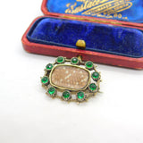 Georgian 9ct Gold Mourning Brooch with Hair Weave & Emerald Paste c1810 Antique
