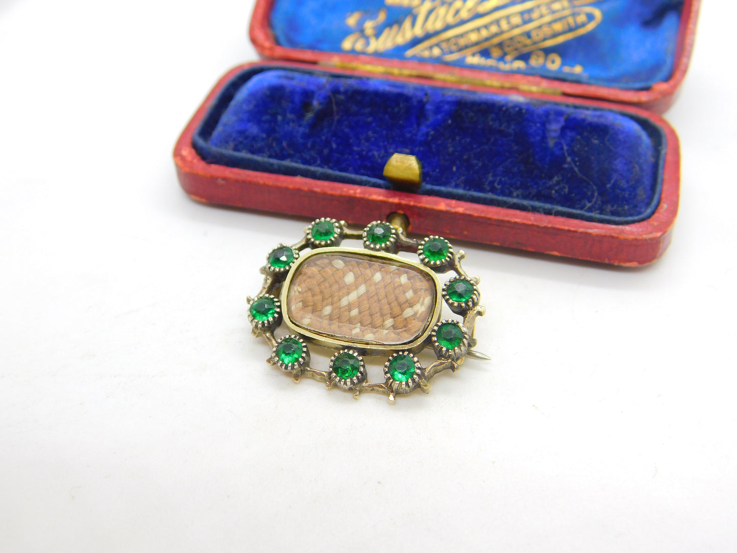 Georgian 9ct Gold Mourning Brooch with Hair Weave & Emerald Paste c1810 Antique