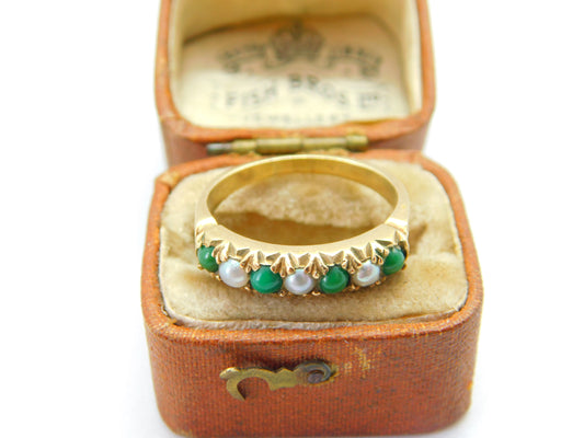 14ct Yellow Gold, Turquoise & Pearl Set Half Eternity Ring Antique c1930 Deco