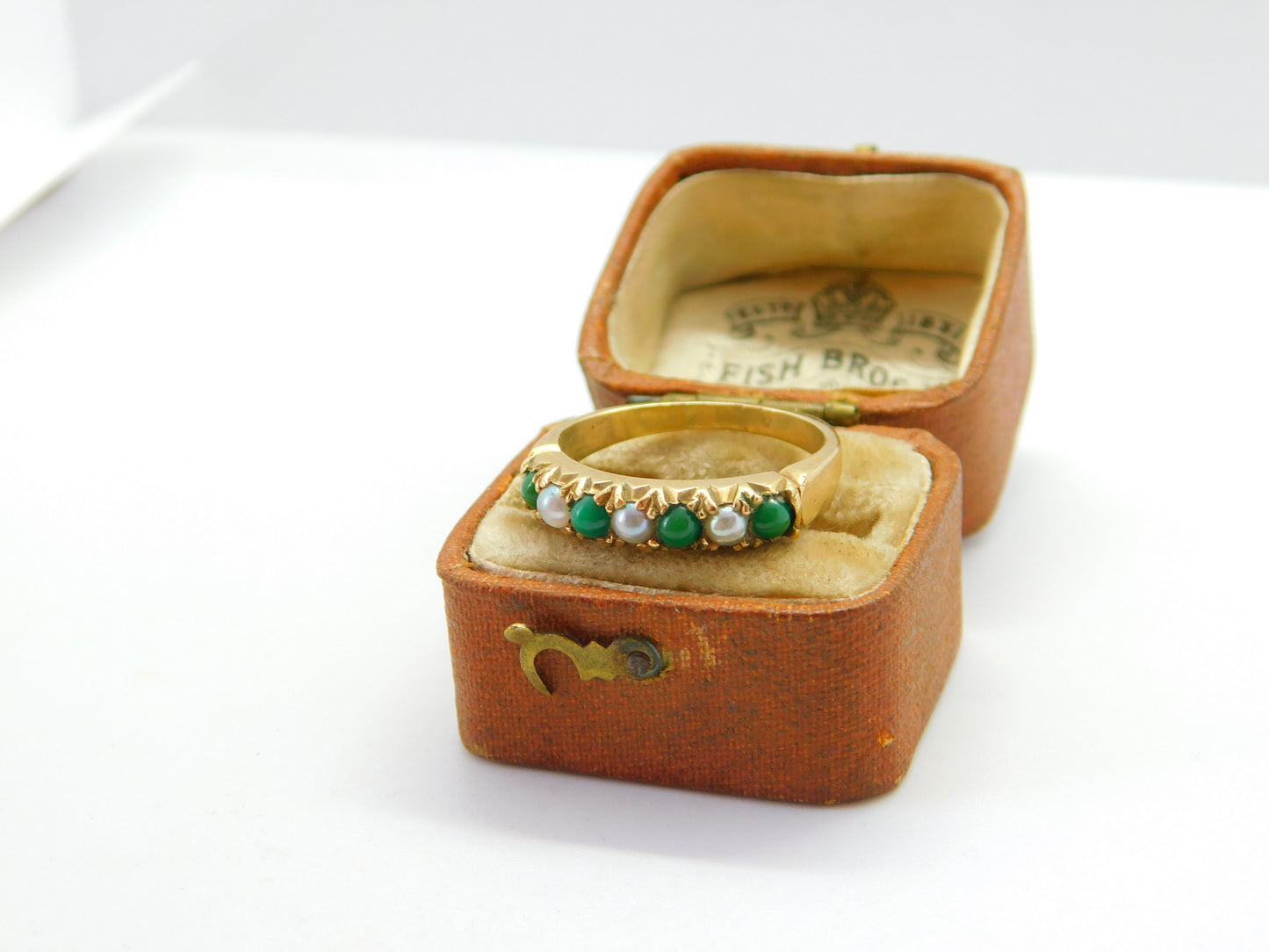 14ct Yellow Gold, Turquoise & Pearl Set Half Eternity Ring Antique c1930 Deco