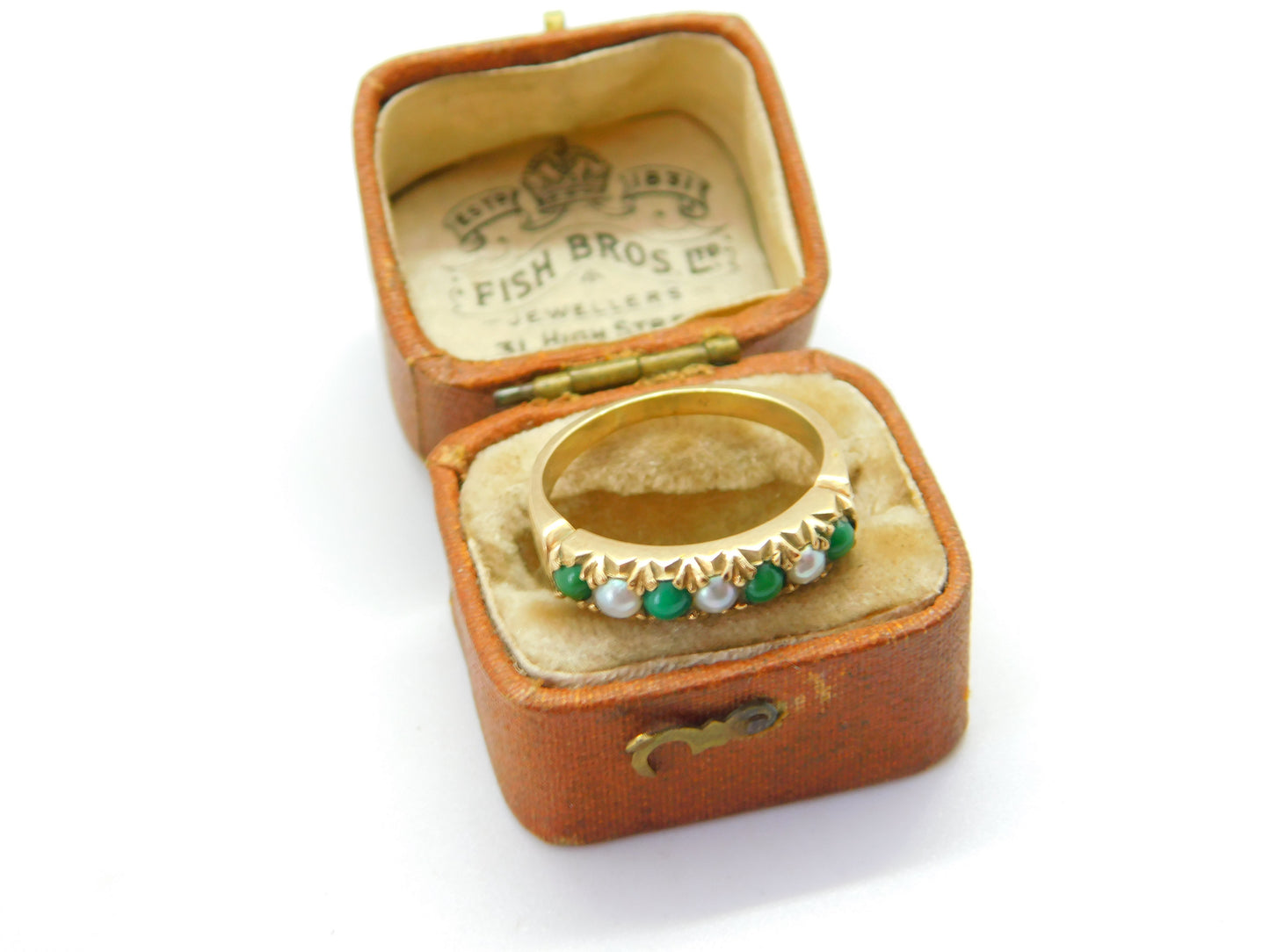 14ct Yellow Gold, Turquoise & Pearl Set Half Eternity Ring Antique c1930 Deco