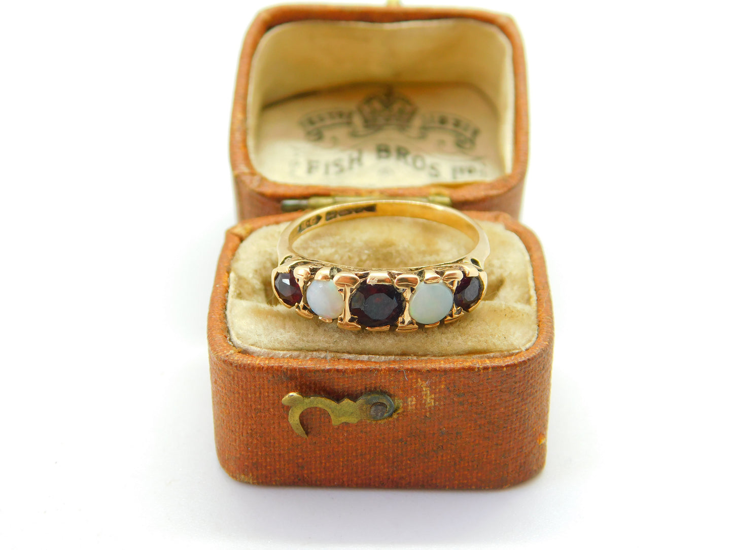 9ct Yellow Gold, Bohemian Garnet & Opal Set Boat Ring 1977 Birmingham