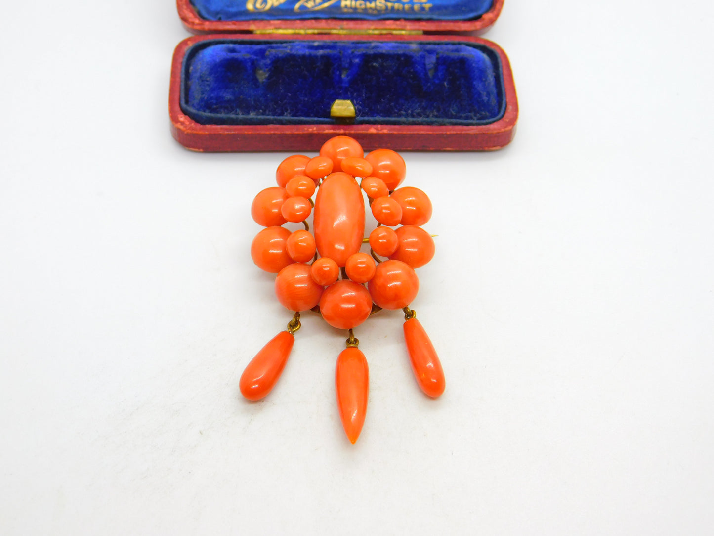 Victorian Yellow Metal & Red Coral Etruscan Statement Pendant Brooch c1850