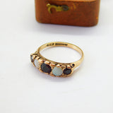 9ct Yellow Gold, Bohemian Garnet & Opal Set Boat Ring 1977 Birmingham