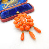 Victorian Yellow Metal & Red Coral Etruscan Statement Pendant Brooch c1850