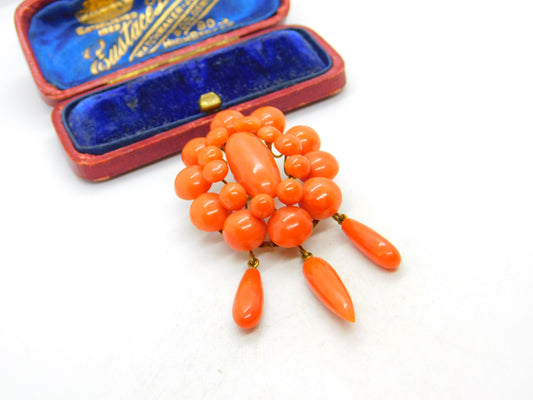 Victorian Yellow Metal & Red Coral Etruscan Statement Pendant Brooch c1850