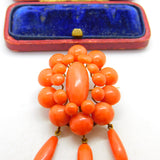 Victorian Yellow Metal & Red Coral Etruscan Statement Pendant Brooch c1850