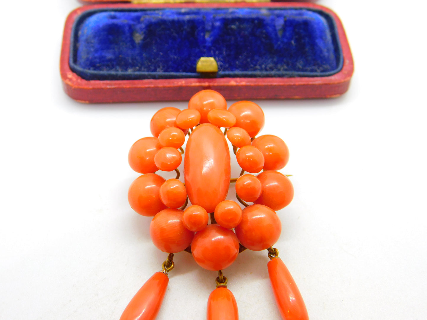 Victorian Yellow Metal & Red Coral Etruscan Statement Pendant Brooch c1850