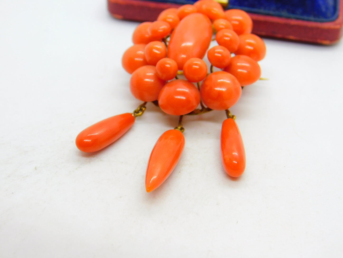 Victorian Yellow Metal & Red Coral Etruscan Statement Pendant Brooch c1850