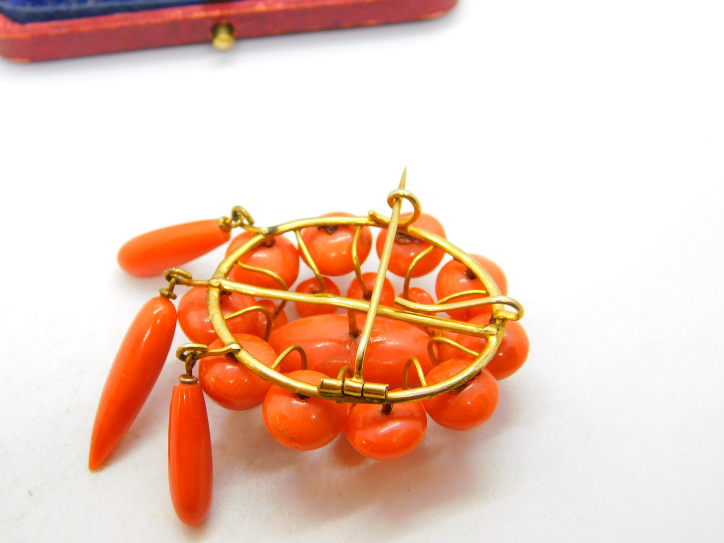 Victorian Yellow Metal & Red Coral Etruscan Statement Pendant Brooch c1850