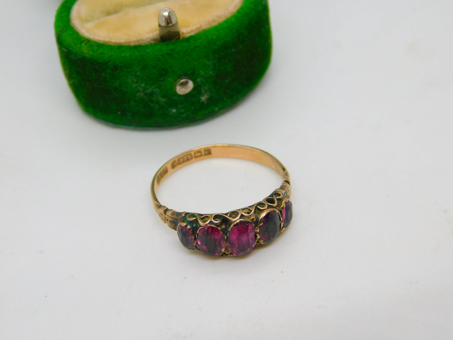Edwardian 9ct Gold & Almandine Garnet Five-Stone Ring Antique 1908 Birmingham