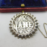 Victorian Sterling Silver 'Jane' Name Christening Brooch 1883 Birmingham