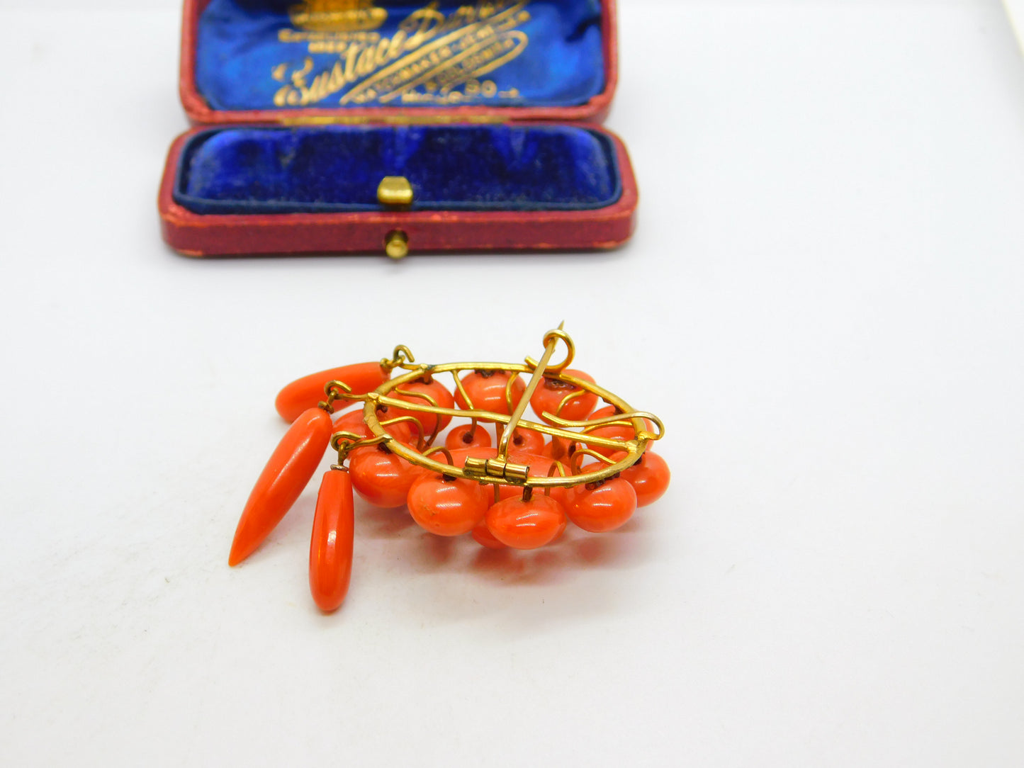 Victorian Yellow Metal & Red Coral Etruscan Statement Pendant Brooch c1850