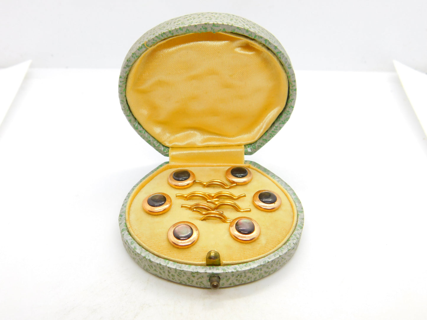 Victorian Boxed Rolled Gold Cat's Eye Set Button Stud Set Antique c1880