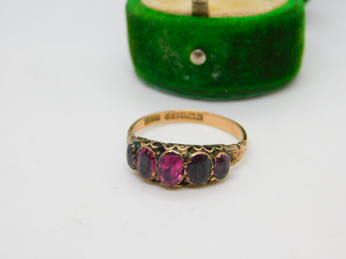 Edwardian 9ct Gold & Almandine Garnet Five-Stone Ring Antique 1908 Birmingham