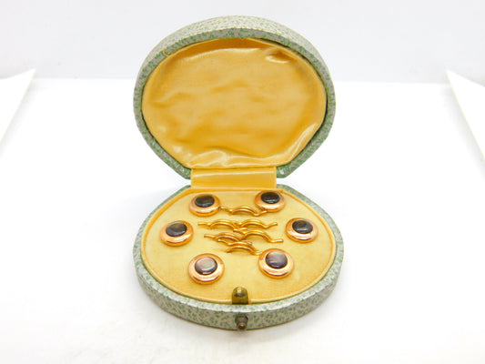 Victorian Boxed Rolled Gold Cat's Eye Set Button Stud Set Antique c1880