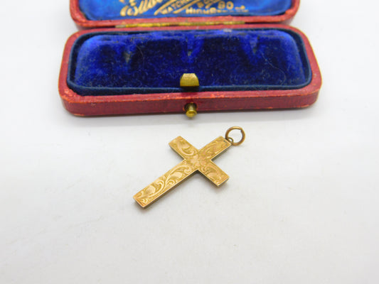 Edwardian 9ct Yellow Gold Floral Pattern Cross Crucifix Antique c1910