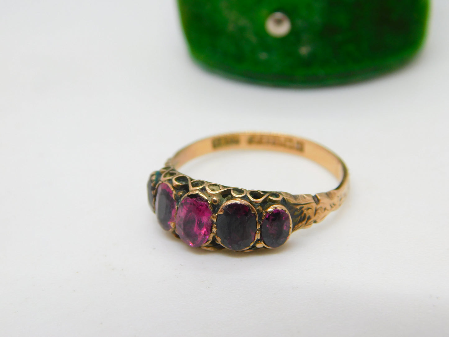 Edwardian 9ct Gold & Almandine Garnet Five-Stone Ring Antique 1908 Birmingham