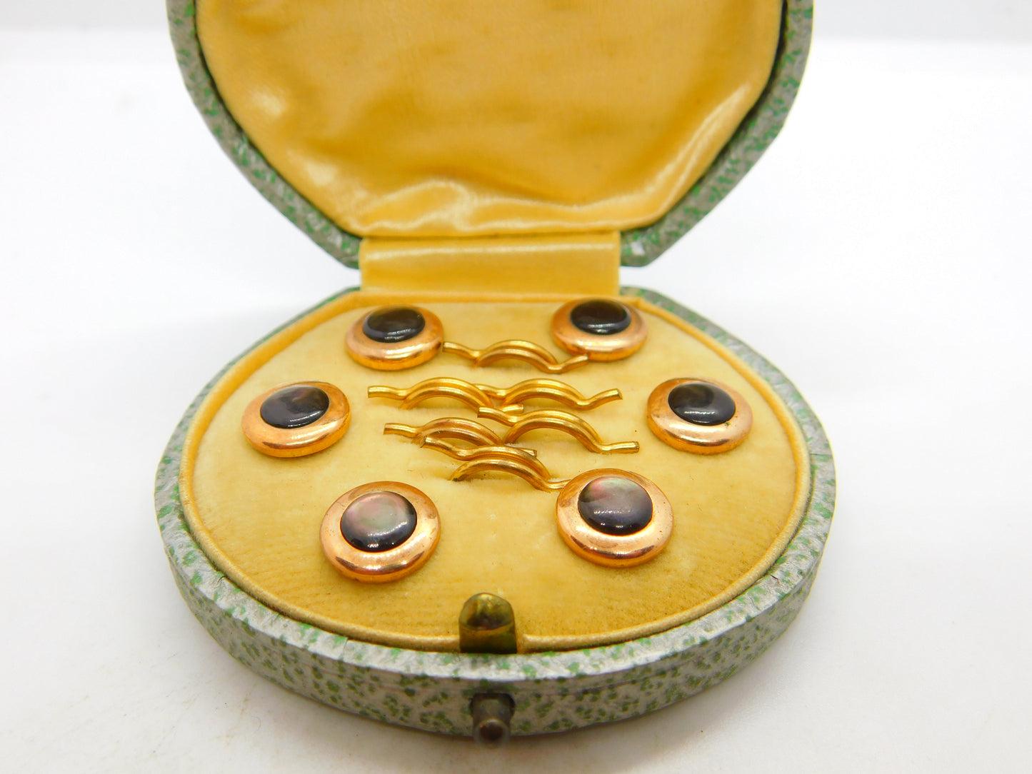 Victorian Boxed Rolled Gold Cat's Eye Set Button Stud Set Antique c1880