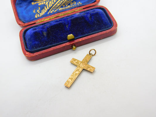 Edwardian 9ct Yellow Gold Floral Pattern Cross Crucifix Antique c1910