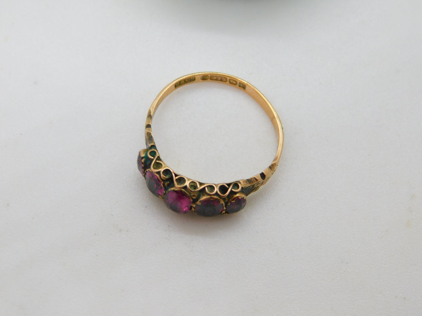Edwardian 9ct Gold & Almandine Garnet Five-Stone Ring Antique 1908 Birmingham