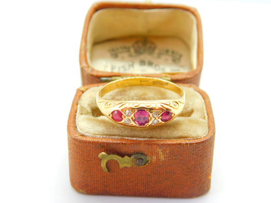 18ct Yellow Gold, Ruby & Diamond Victorian Style Boat Ring c1920 Antique