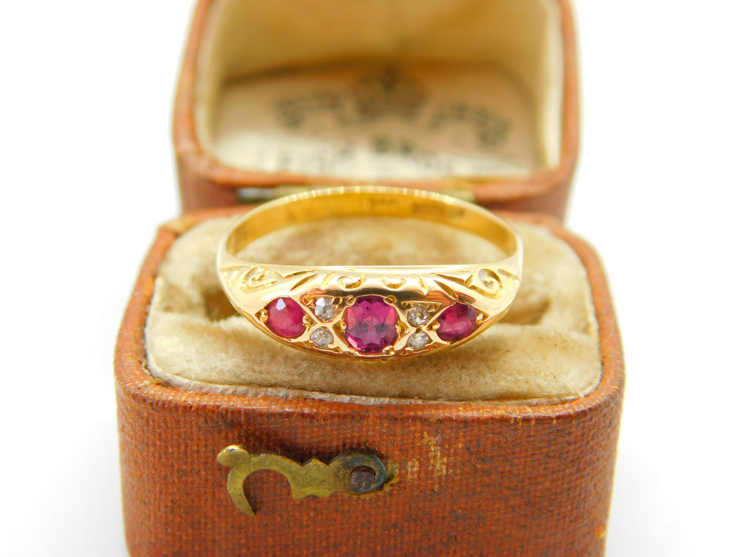 18ct Yellow Gold, Ruby & Diamond Victorian Style Boat Ring c1920 Antique