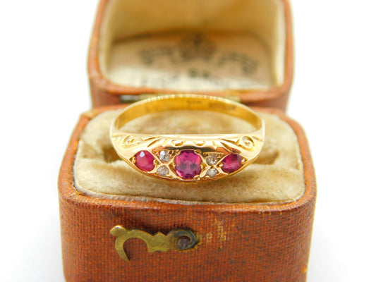 18ct Yellow Gold, Ruby & Diamond Victorian Style Boat Ring c1920 Antique