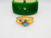 Victorian 18ct Gold, Pearl, Ruby, Diamond & Turquoise Double Band Ring Antique c1860