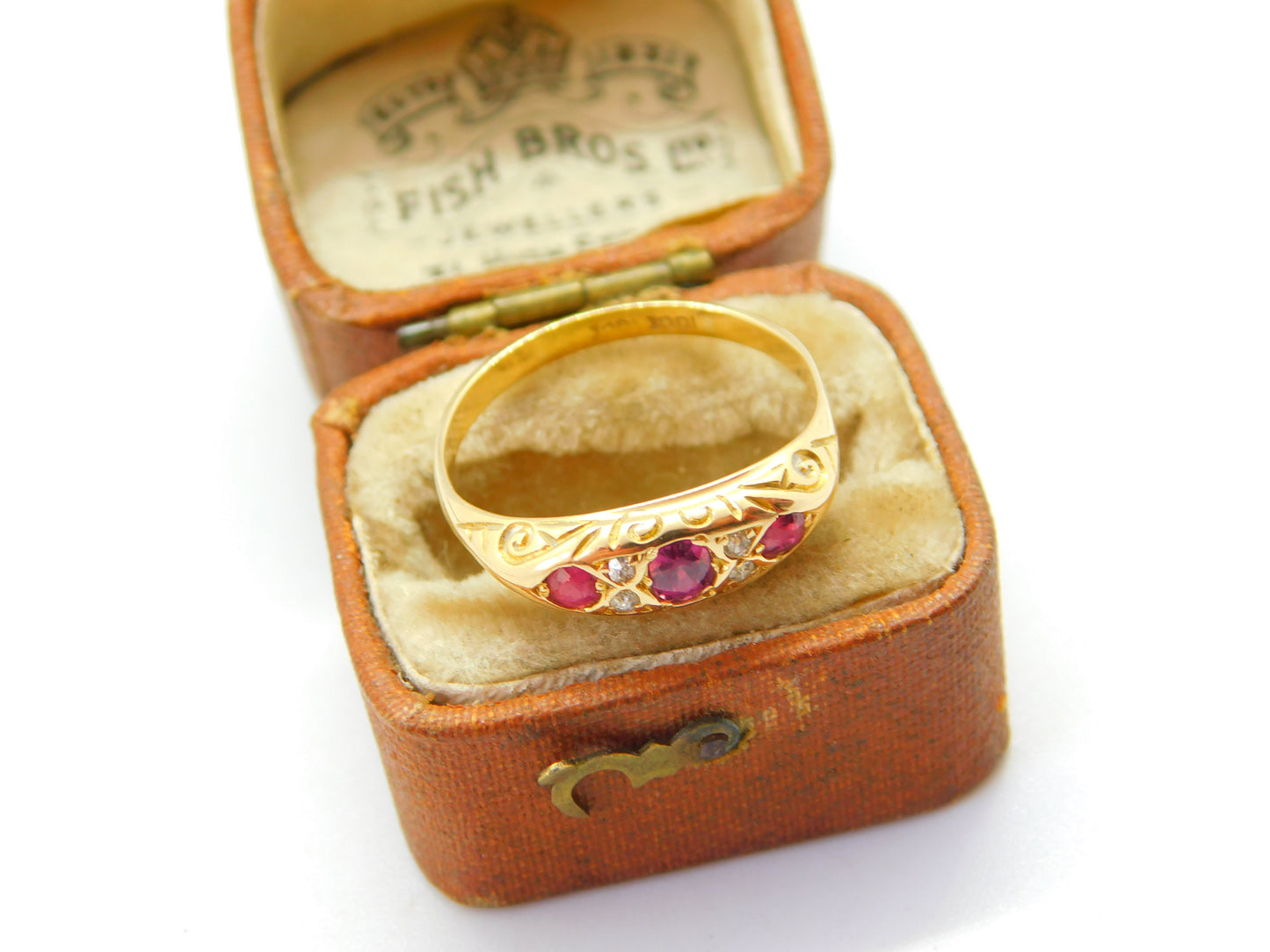 18ct Yellow Gold, Ruby & Diamond Victorian Style Boat Ring c1920 Antique