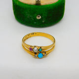 Victorian 18ct Gold, Pearl, Ruby, Diamond & Turquoise Double Band Ring Antique c1860