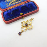 Edwardian 9ct Yellow Gold Garnet Set Floral Lavalier Drop Pendant Antique c1910