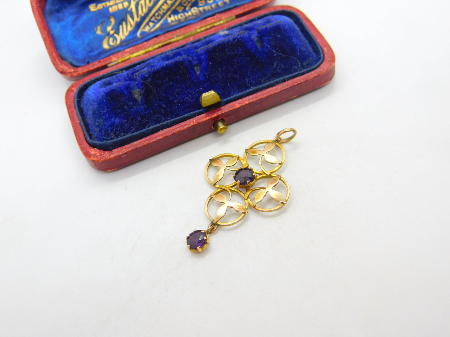 Edwardian 9ct Yellow Gold Garnet Set Floral Lavalier Drop Pendant Antique c1910