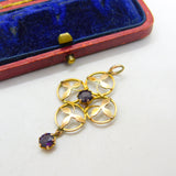 Edwardian 9ct Yellow Gold Garnet Set Floral Lavalier Drop Pendant Antique c1910