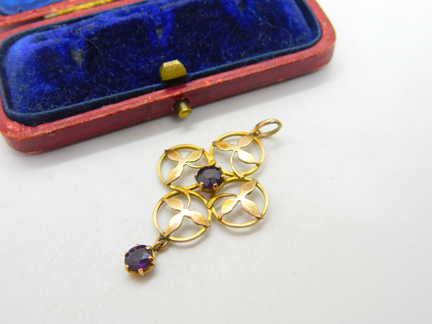 Edwardian 9ct Yellow Gold Garnet Set Floral Lavalier Drop Pendant Antique c1910