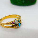 Victorian 18ct Gold, Pearl, Ruby, Diamond & Turquoise Double Band Ring Antique c1860