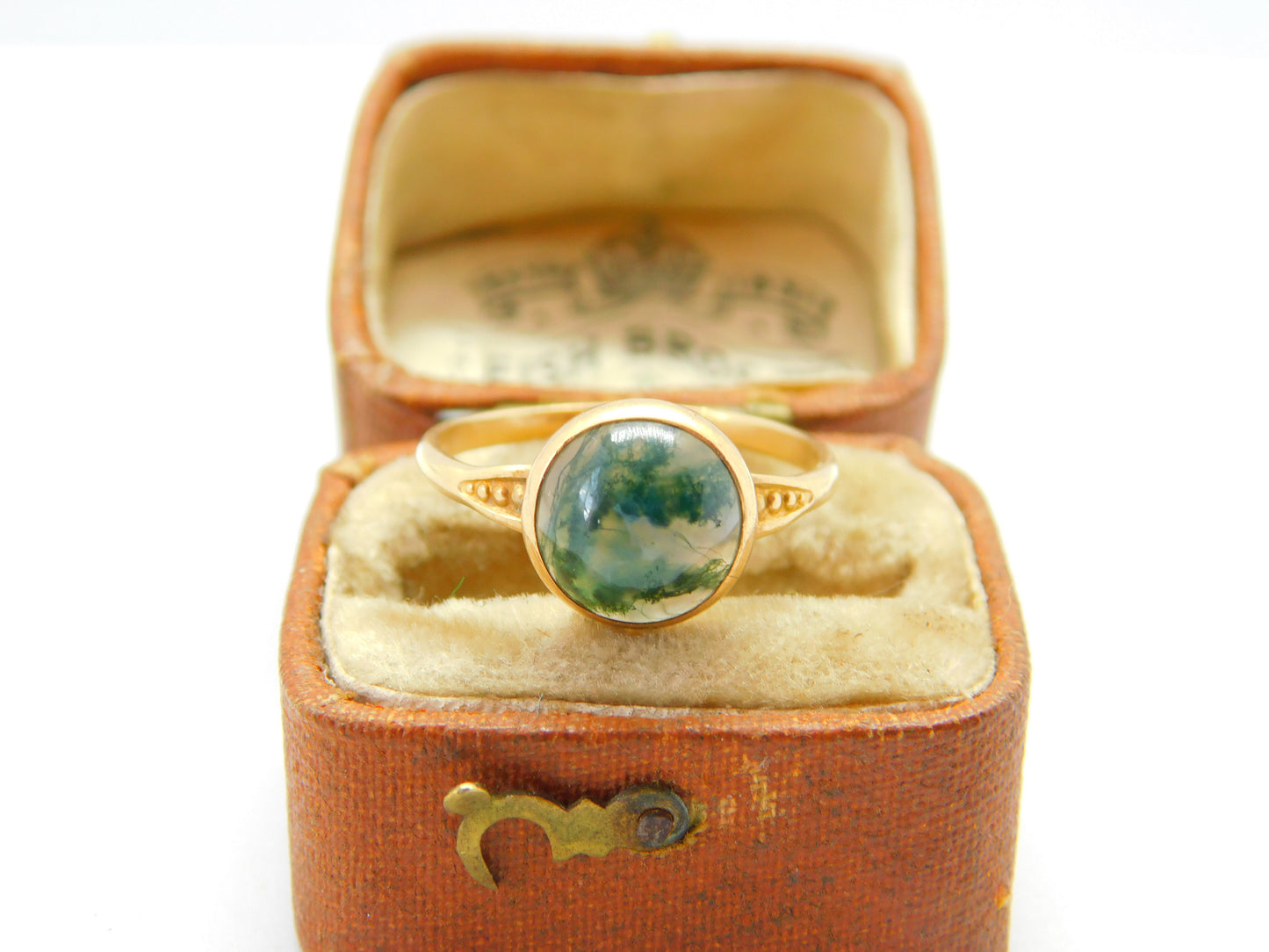 10ct Yellow Gold Cabochon Moss Agate Dress Ring Antique c1930 Art Deco