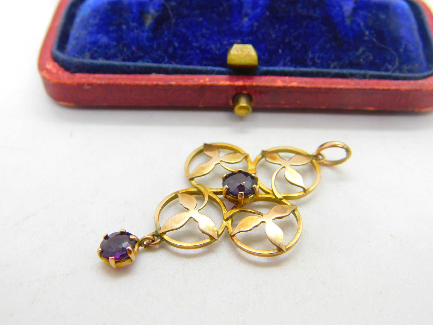 Edwardian 9ct Yellow Gold Garnet Set Floral Lavalier Drop Pendant Antique c1910