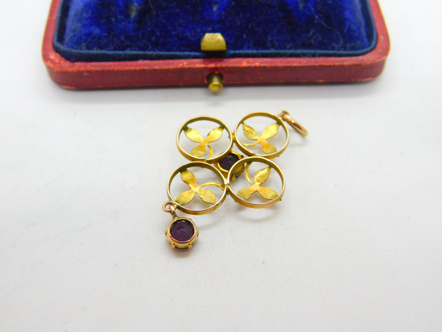 Edwardian 9ct Yellow Gold Garnet Set Floral Lavalier Drop Pendant Antique c1910