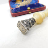 Victorian Sterling Silver Carved Mother of Pearl 'V.V' Initial Desk Seal c1840