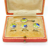 Art Nouveau Boxed Sterling Silver, Enamel Button & Brooch Set Antique c1910