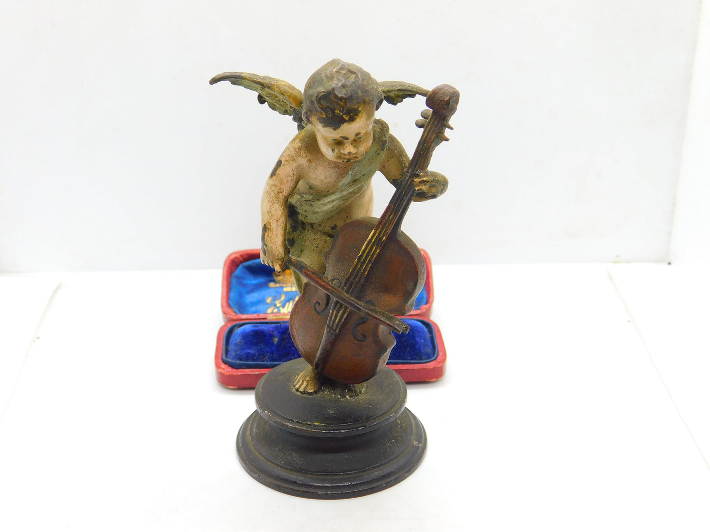 Victorian Cold Painted Vienna Bronze Cherub Playing Cello Sculpture Antique 1860