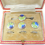 Art Nouveau Boxed Sterling Silver, Enamel Button & Brooch Set Antique c1910